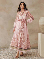 Anewsta Vestido Longo com Amarração na Cintura, Floral de Alta Qualidade em Cor Damasco, Primavera/Verão