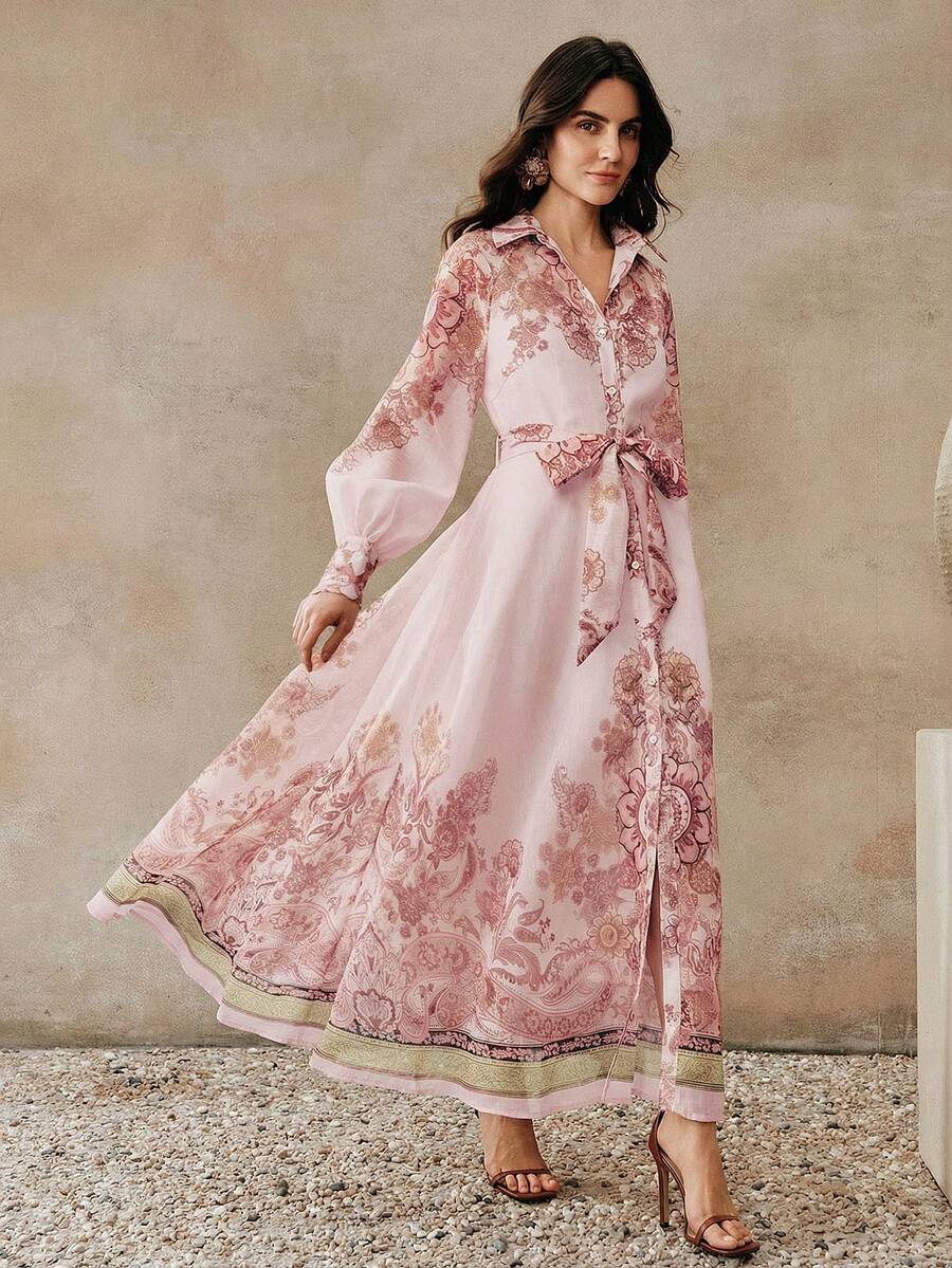Anewsta Vestido Longo com Amarração na Cintura, Floral de Alta Qualidade em Cor Damasco, Primavera/Verão