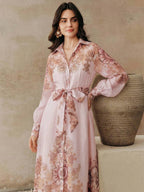 Anewsta Vestido Longo com Amarração na Cintura, Floral de Alta Qualidade em Cor Damasco, Primavera/Verão