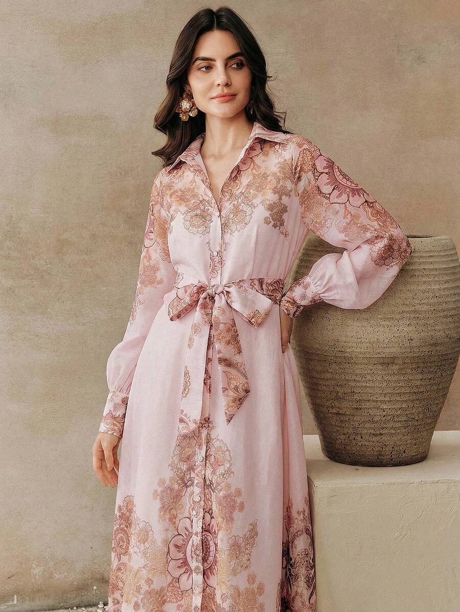 Anewsta Vestido Longo com Amarração na Cintura, Floral de Alta Qualidade em Cor Damasco, Primavera/Verão