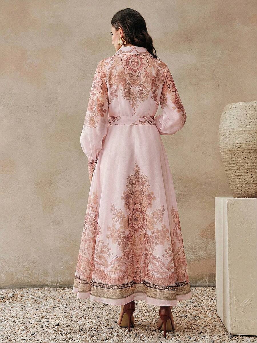 Anewsta Vestido Longo com Amarração na Cintura, Floral de Alta Qualidade em Cor Damasco, Primavera/Verão