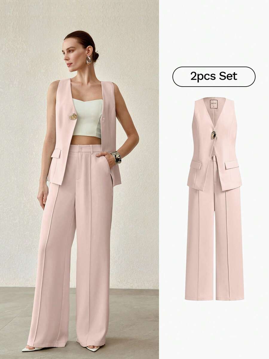 MOTF PREMIUM CONJUNTO DE COLETE SEM MANGAS E CALÇA COM COSTURA FRONTAL PARA MULHERES, CONJUNTO DE DUAS PEÇAS
