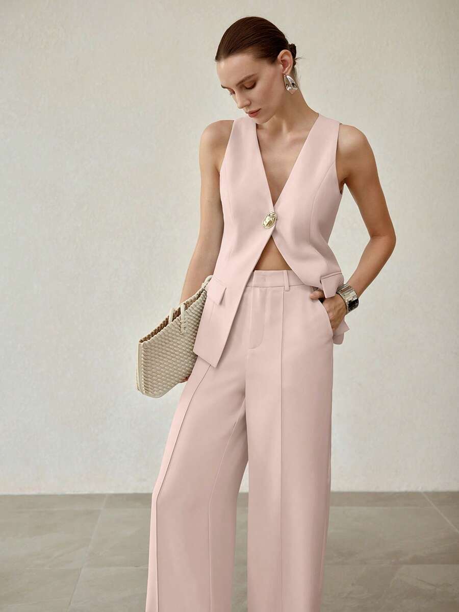 MOTF PREMIUM CONJUNTO DE COLETE SEM MANGAS E CALÇA COM COSTURA FRONTAL PARA MULHERES, CONJUNTO DE DUAS PEÇAS