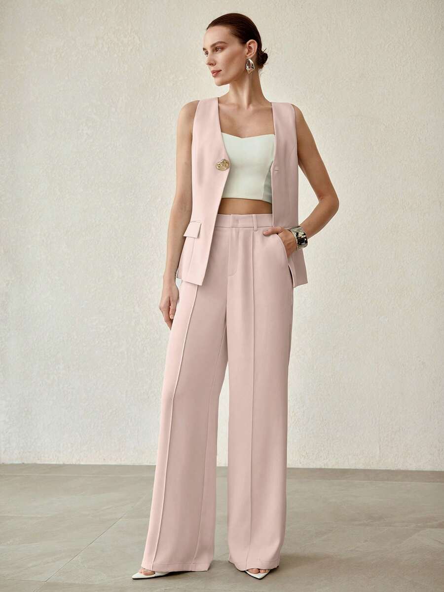 MOTF PREMIUM CONJUNTO DE COLETE SEM MANGAS E CALÇA COM COSTURA FRONTAL PARA MULHERES, CONJUNTO DE DUAS PEÇAS