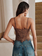 Anewsta Regata Romântica Ajustada Curta com Padrão Floral Vazado em Crochê Feminina, Verão