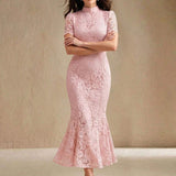 Vestido Midi Justo com Bainha Sereia e Renda