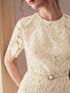 Vestido Longo de Renda com Recortes em Tule