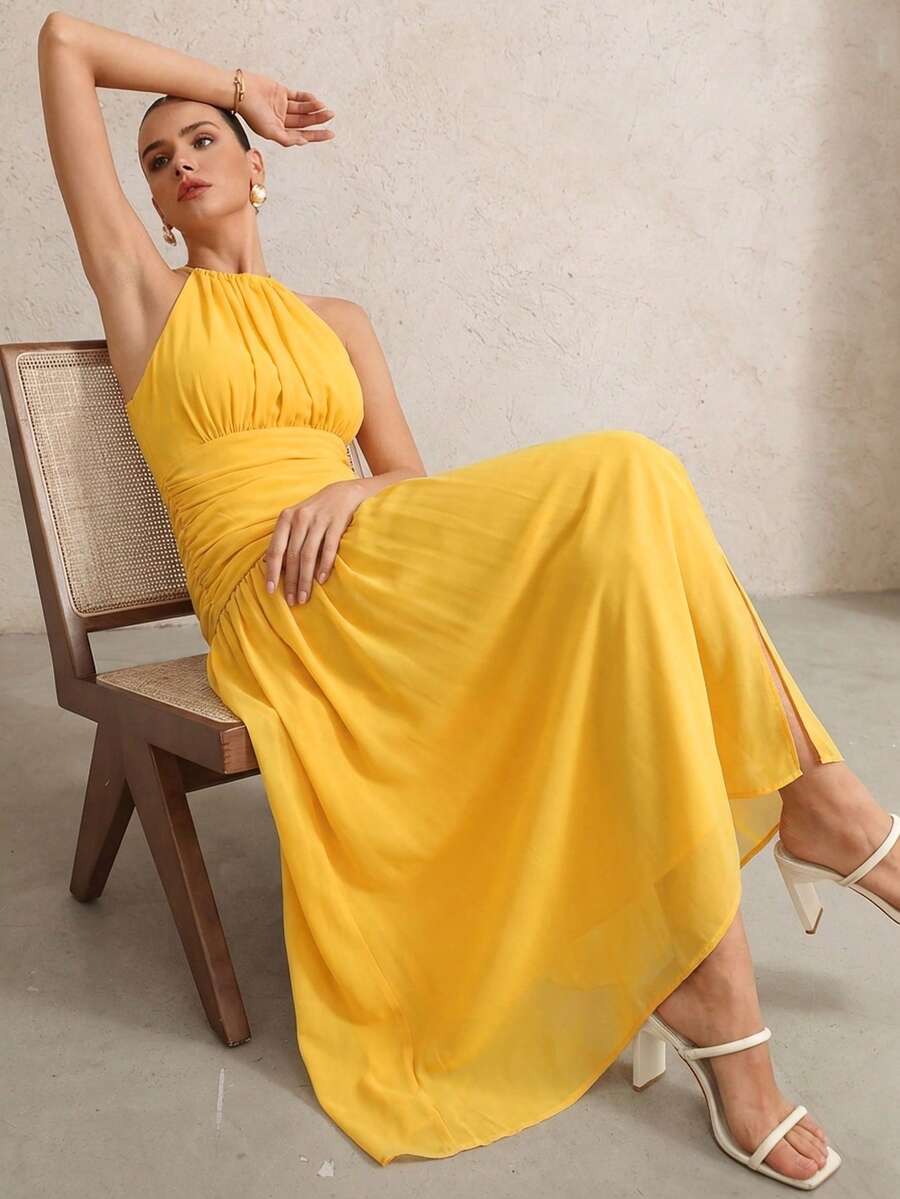 BELROSIE Vestido Floral Drapeado Assimétrico Sem Mangas Elegante e Romântico, Versátil para Férias, Sexy Decote Nas Costas, Estilo Boho Fashionável para o Verão