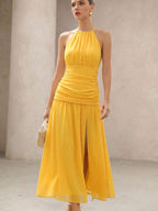 BELROSIE Vestido Floral Drapeado Assimétrico Sem Mangas Elegante e Romântico, Versátil para Férias, Sexy Decote Nas Costas, Estilo Boho Fashionável para o Verão