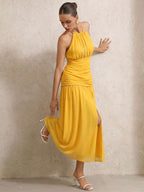 BELROSIE Vestido Floral Drapeado Assimétrico Sem Mangas Elegante e Romântico, Versátil para Férias, Sexy Decote Nas Costas, Estilo Boho Fashionável para o Verão