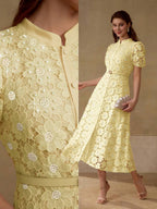 MOTF PREMIUM Vestido com Ajuste de Cintura, Colarinho Estampado, Mangas Bufantes, Bordado Floral, Comprimento Até a Altura da Panturrilha