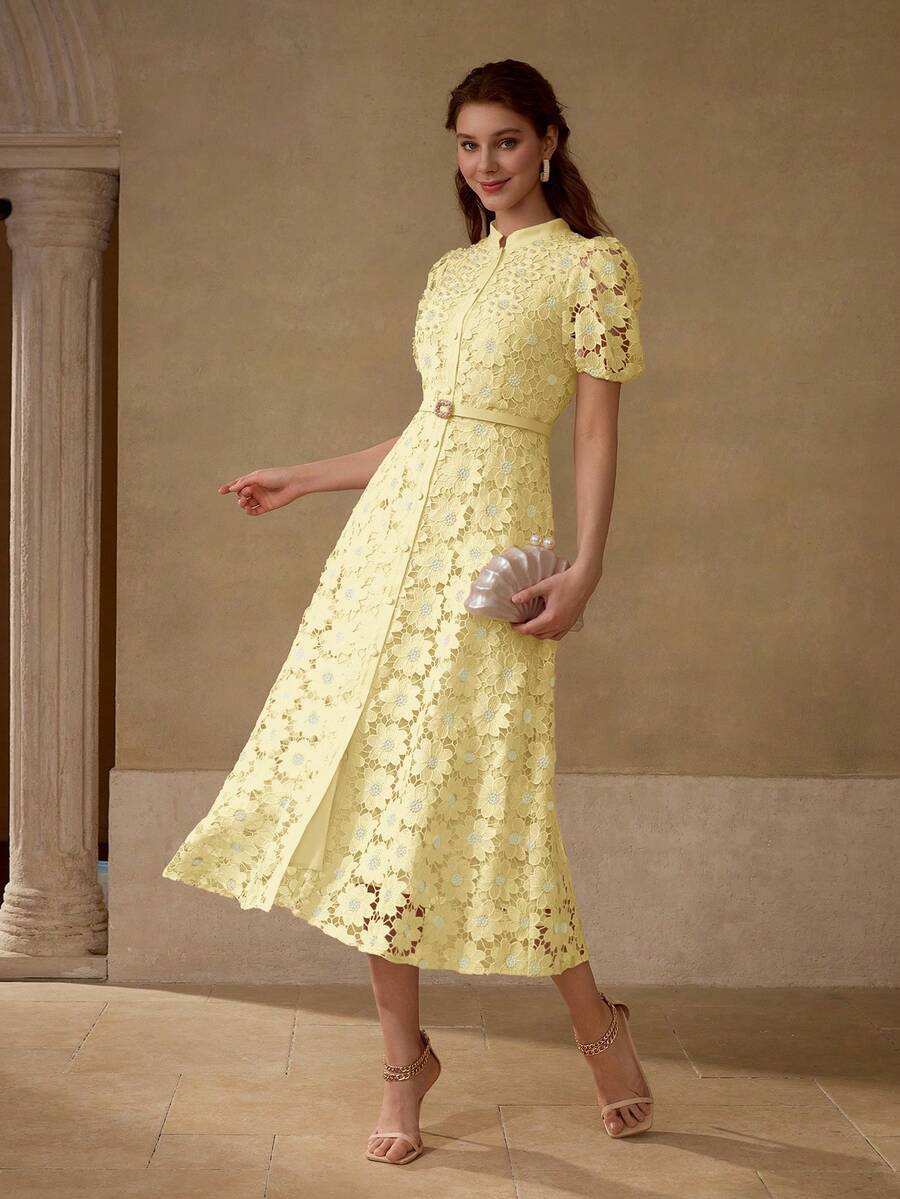 MOTF PREMIUM Vestido com Ajuste de Cintura, Colarinho Estampado, Mangas Bufantes, Bordado Floral, Comprimento Até a Altura da Panturrilha