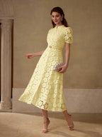 MOTF PREMIUM Vestido com Ajuste de Cintura, Colarinho Estampado, Mangas Bufantes, Bordado Floral, Comprimento Até a Altura da Panturrilha