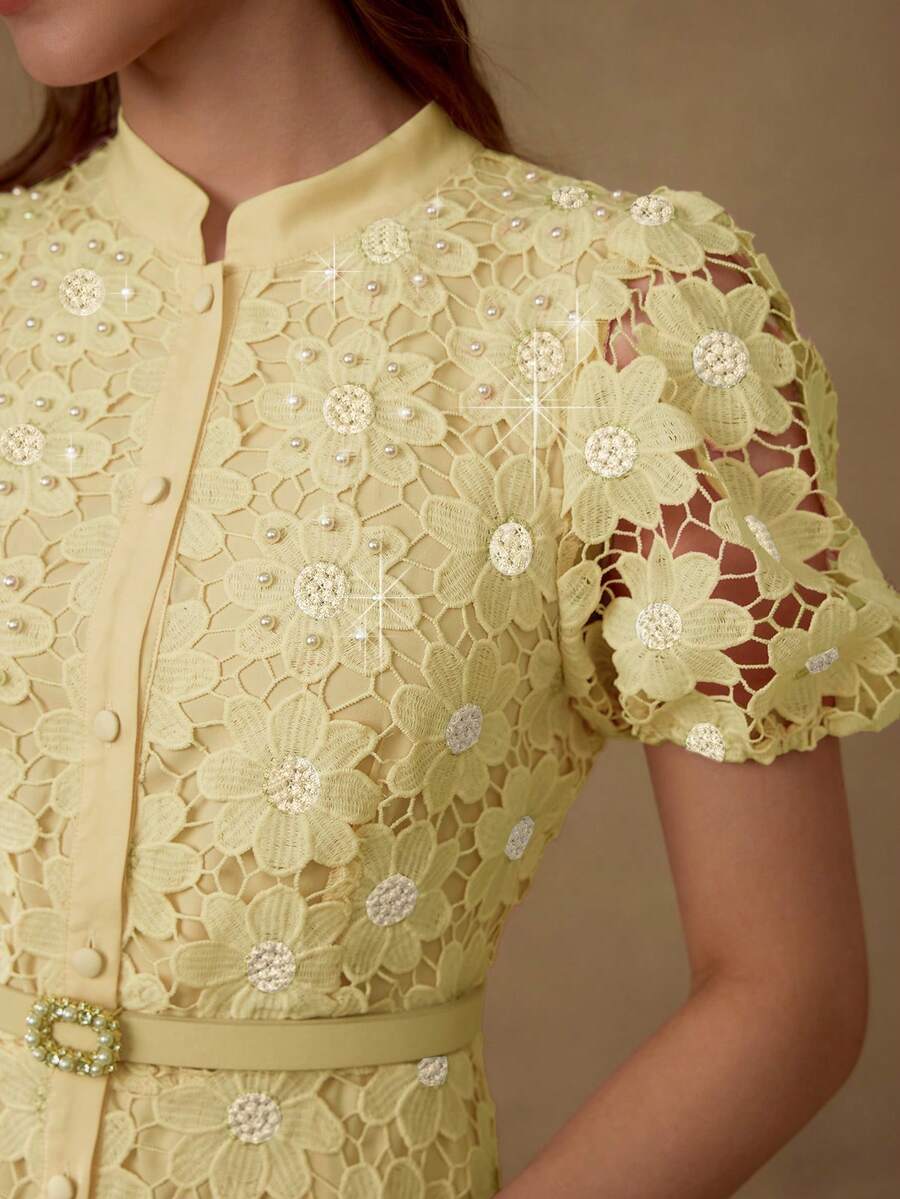 MOTF PREMIUM Vestido com Ajuste de Cintura, Colarinho Estampado, Mangas Bufantes, Bordado Floral, Comprimento Até a Altura da Panturrilha