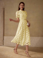 MOTF PREMIUM Vestido com Ajuste de Cintura, Colarinho Estampado, Mangas Bufantes, Bordado Floral, Comprimento Até a Altura da Panturrilha