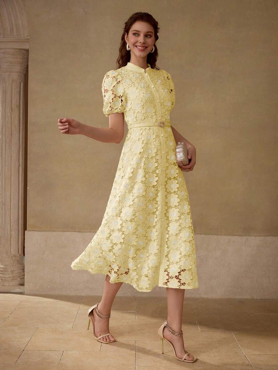 MOTF PREMIUM Vestido com Ajuste de Cintura, Colarinho Estampado, Mangas Bufantes, Bordado Floral, Comprimento Até a Altura da Panturrilha