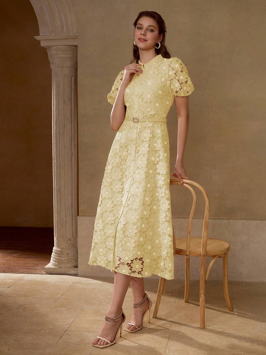 MOTF PREMIUM Vestido com Ajuste de Cintura, Colarinho Estampado, Mangas Bufantes, Bordado Floral, Comprimento Até a Altura da Panturrilha