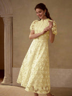 MOTF PREMIUM Vestido com Ajuste de Cintura, Colarinho Estampado, Mangas Bufantes, Bordado Floral, Comprimento Até a Altura da Panturrilha
