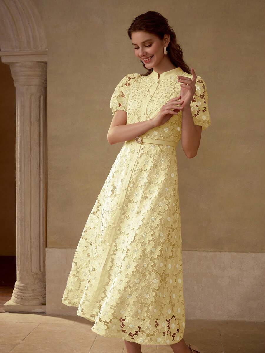 MOTF PREMIUM Vestido com Ajuste de Cintura, Colarinho Estampado, Mangas Bufantes, Bordado Floral, Comprimento Até a Altura da Panturrilha