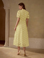 MOTF PREMIUM Vestido com Ajuste de Cintura, Colarinho Estampado, Mangas Bufantes, Bordado Floral, Comprimento Até a Altura da Panturrilha