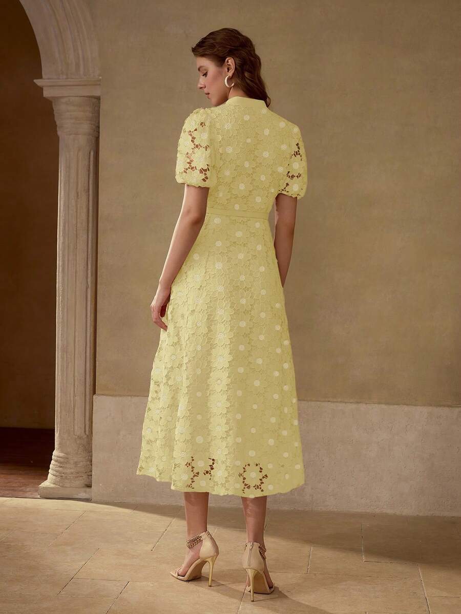 MOTF PREMIUM Vestido com Ajuste de Cintura, Colarinho Estampado, Mangas Bufantes, Bordado Floral, Comprimento Até a Altura da Panturrilha