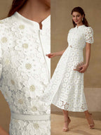 MOTF PREMIUM Vestido com Ajuste de Cintura, Colarinho Estampado, Mangas Bufantes, Bordado Floral, Comprimento Até a Altura da Panturrilha