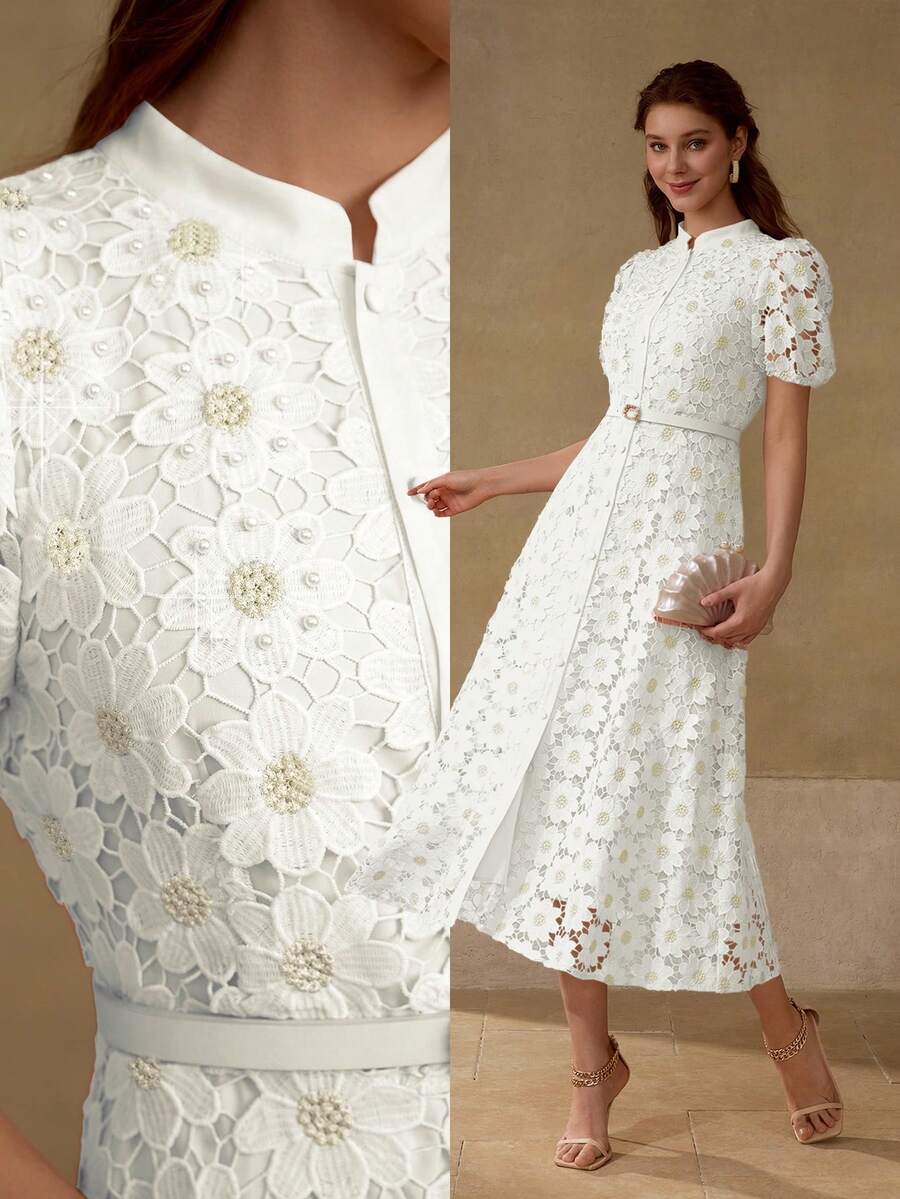 MOTF PREMIUM Vestido com Ajuste de Cintura, Colarinho Estampado, Mangas Bufantes, Bordado Floral, Comprimento Até a Altura da Panturrilha