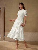 MOTF PREMIUM Vestido com Ajuste de Cintura, Colarinho Estampado, Mangas Bufantes, Bordado Floral, Comprimento Até a Altura da Panturrilha