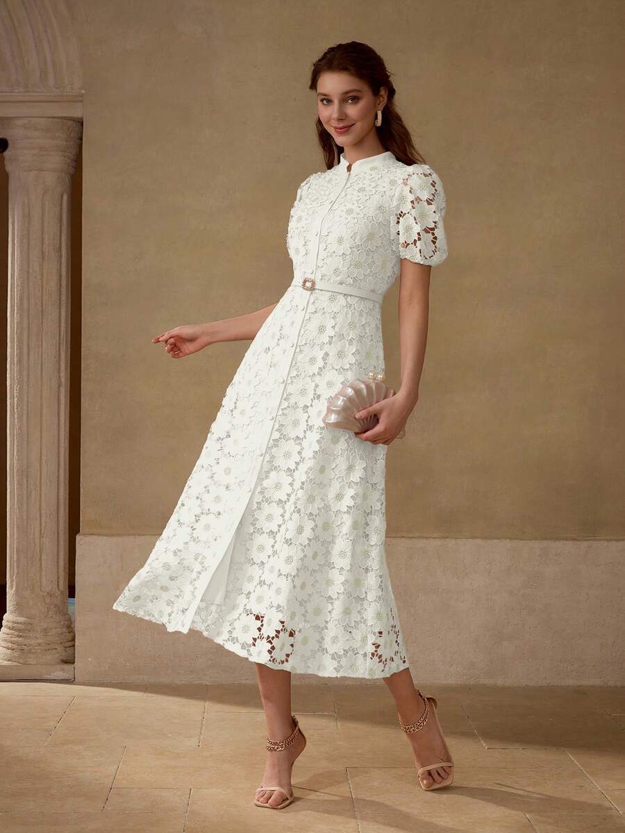 MOTF PREMIUM Vestido com Ajuste de Cintura, Colarinho Estampado, Mangas Bufantes, Bordado Floral, Comprimento Até a Altura da Panturrilha