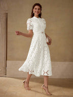 MOTF PREMIUM Vestido com Ajuste de Cintura, Colarinho Estampado, Mangas Bufantes, Bordado Floral, Comprimento Até a Altura da Panturrilha
