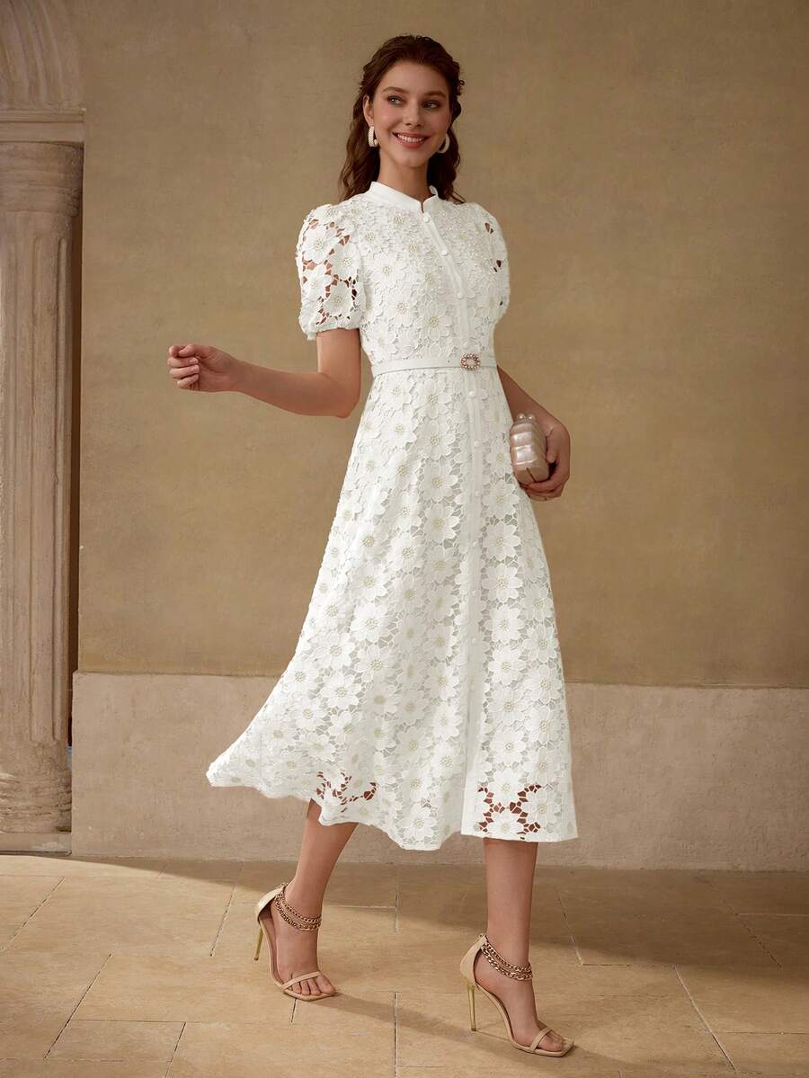 MOTF PREMIUM Vestido com Ajuste de Cintura, Colarinho Estampado, Mangas Bufantes, Bordado Floral, Comprimento Até a Altura da Panturrilha