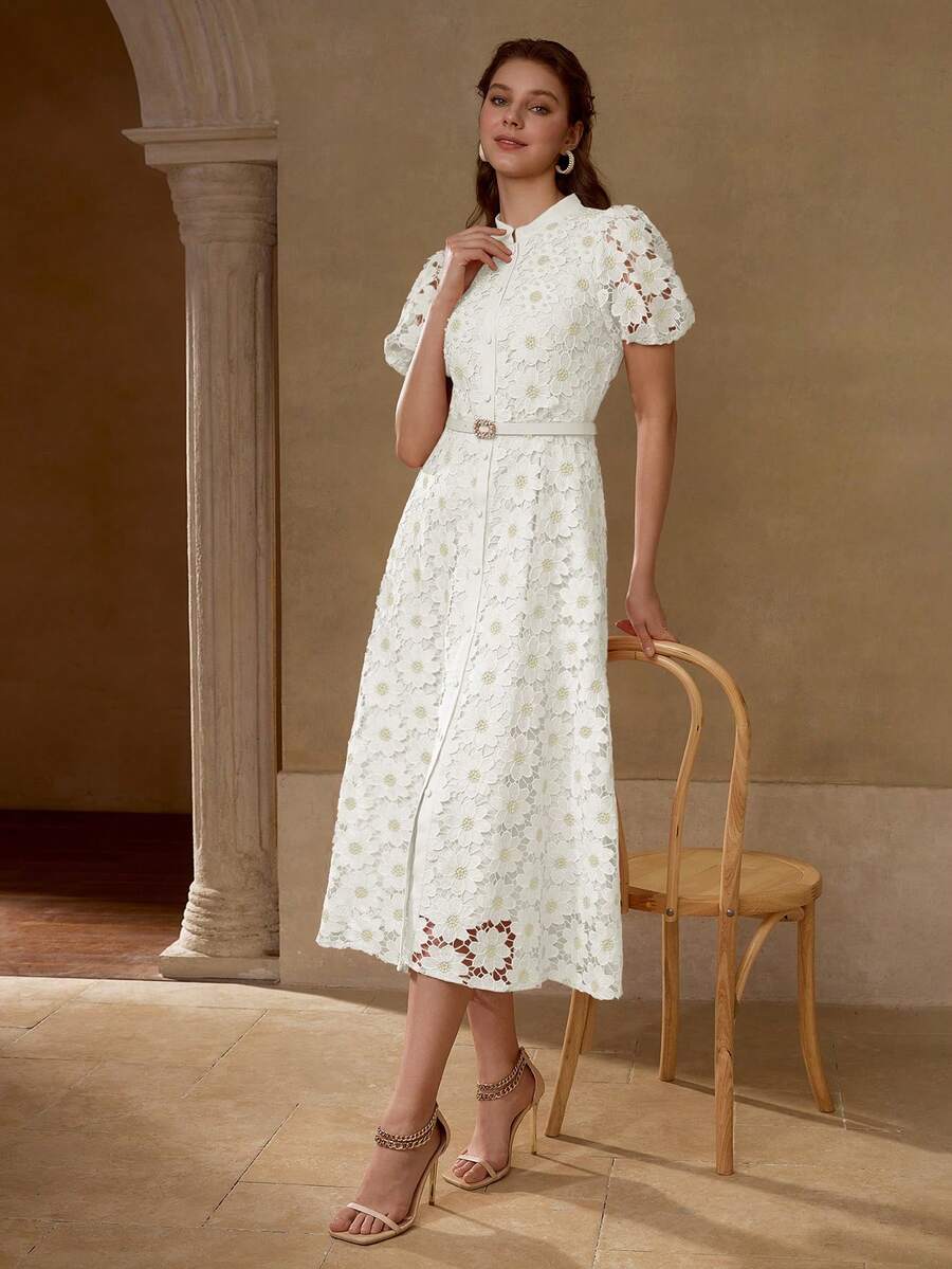 MOTF PREMIUM Vestido com Ajuste de Cintura, Colarinho Estampado, Mangas Bufantes, Bordado Floral, Comprimento Até a Altura da Panturrilha