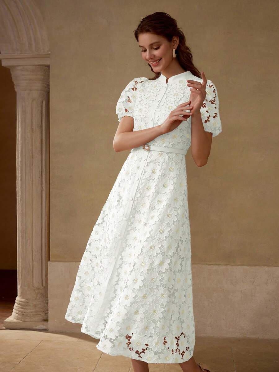 MOTF PREMIUM Vestido com Ajuste de Cintura, Colarinho Estampado, Mangas Bufantes, Bordado Floral, Comprimento Até a Altura da Panturrilha
