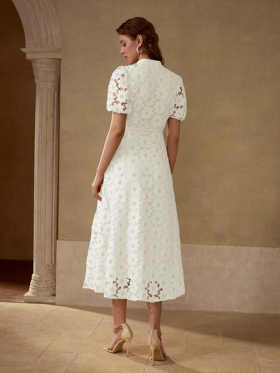 MOTF PREMIUM Vestido com Ajuste de Cintura, Colarinho Estampado, Mangas Bufantes, Bordado Floral, Comprimento Até a Altura da Panturrilha