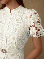 MOTF PREMIUM Vestido com Ajuste de Cintura, Colarinho Estampado, Mangas Bufantes, Bordado Floral, Comprimento Até a Altura da Panturrilha