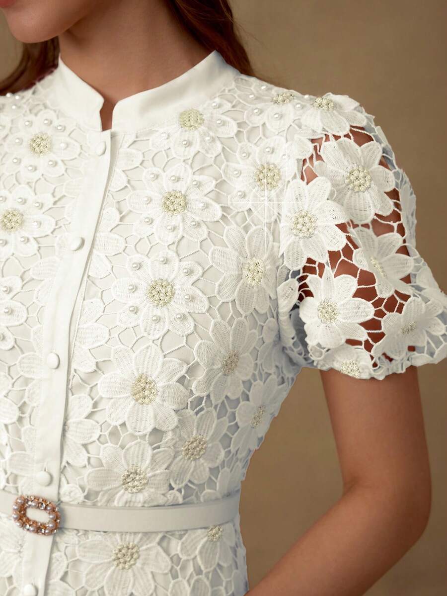 MOTF PREMIUM Vestido com Ajuste de Cintura, Colarinho Estampado, Mangas Bufantes, Bordado Floral, Comprimento Até a Altura da Panturrilha
