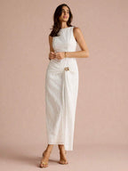 Enchnt Vestido Plissado de Luxo Francês, Vestido Formal Elegante e Ajustado de Alta Qualidade para Mulheres