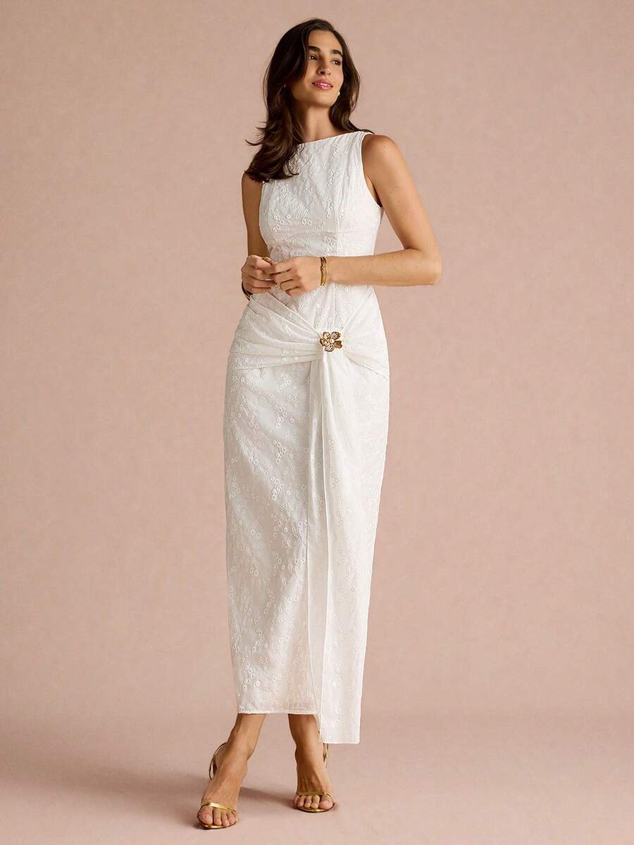Enchnt Vestido Plissado de Luxo Francês, Vestido Formal Elegante e Ajustado de Alta Qualidade para Mulheres