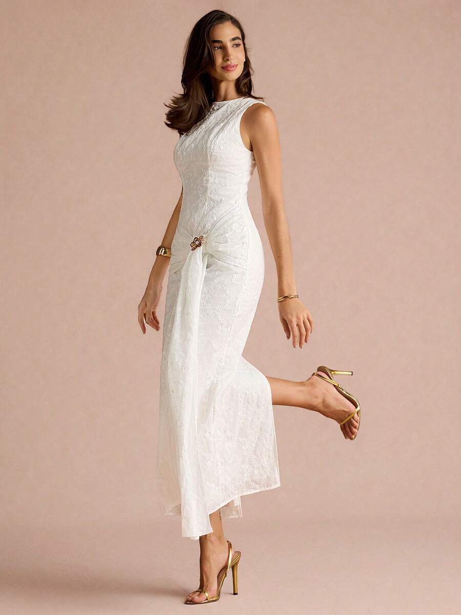 Enchnt Vestido Plissado de Luxo Francês, Vestido Formal Elegante e Ajustado de Alta Qualidade para Mulheres