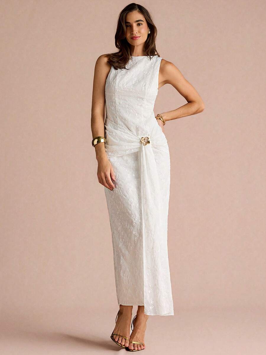 Enchnt Vestido Plissado de Luxo Francês, Vestido Formal Elegante e Ajustado de Alta Qualidade para Mulheres
