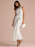 Enchnt Vestido Plissado de Luxo Francês, Vestido Formal Elegante e Ajustado de Alta Qualidade para Mulheres