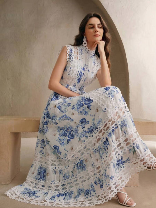 Anewsta Vestido Longo de Férias com Estampa Floral Azul, Gola Mandarim, Sem Mangas, Delicado Recorte de Renda Vazada, Nova Chegada Primavera/Verão para Mulheres
