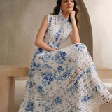 Anewsta Vestido Longo de Férias com Estampa Floral Azul, Gola Mandarim, Sem Mangas, Delicado Recorte de Renda Vazada, Nova Chegada Primavera/Verão para Mulheres