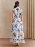 Anewsta Vestido Longo de Férias com Estampa Floral Azul, Gola Mandarim, Sem Mangas, Delicado Recorte de Renda Vazada, Nova Chegada Primavera/Verão para Mulheres