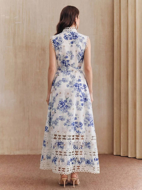 Anewsta Vestido Longo de Férias com Estampa Floral Azul, Gola Mandarim, Sem Mangas, Delicado Recorte de Renda Vazada, Nova Chegada Primavera/Verão para Mulheres