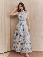 Anewsta Vestido Longo de Férias com Estampa Floral Azul, Gola Mandarim, Sem Mangas, Delicado Recorte de Renda Vazada, Nova Chegada Primavera/Verão para Mulheres