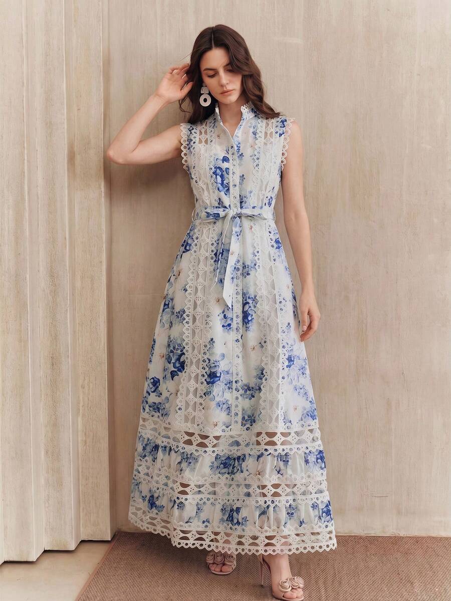 Anewsta Vestido Longo de Férias com Estampa Floral Azul, Gola Mandarim, Sem Mangas, Delicado Recorte de Renda Vazada, Nova Chegada Primavera/Verão para Mulheres