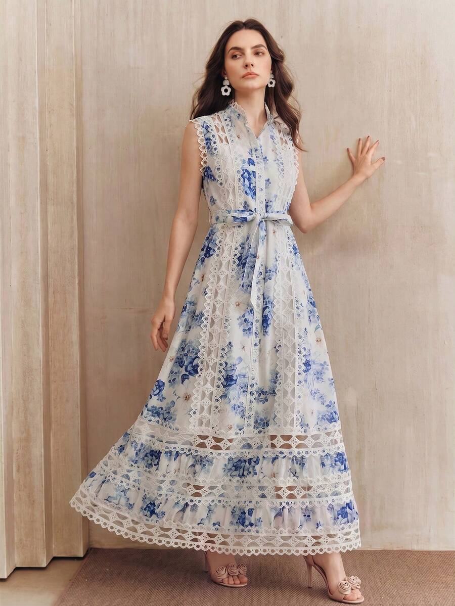 Anewsta Vestido Longo de Férias com Estampa Floral Azul, Gola Mandarim, Sem Mangas, Delicado Recorte de Renda Vazada, Nova Chegada Primavera/Verão para Mulheres