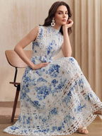 Anewsta Vestido Longo de Férias com Estampa Floral Azul, Gola Mandarim, Sem Mangas, Delicado Recorte de Renda Vazada, Nova Chegada Primavera/Verão para Mulheres