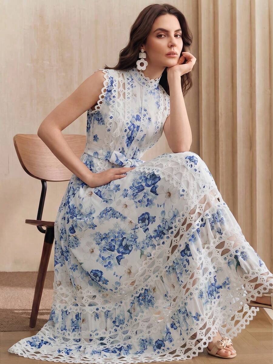 Anewsta Vestido Longo de Férias com Estampa Floral Azul, Gola Mandarim, Sem Mangas, Delicado Recorte de Renda Vazada, Nova Chegada Primavera/Verão para Mulheres